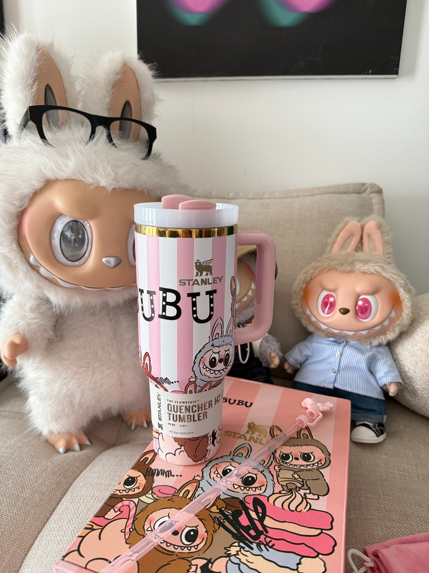 Pink Stripes 𝐒𝐭a𝐧𝐥𝐞𝐲✖ Labub co-branded straw cup 40oz Water Bottle Labubu Macaron Monsters Tumbler