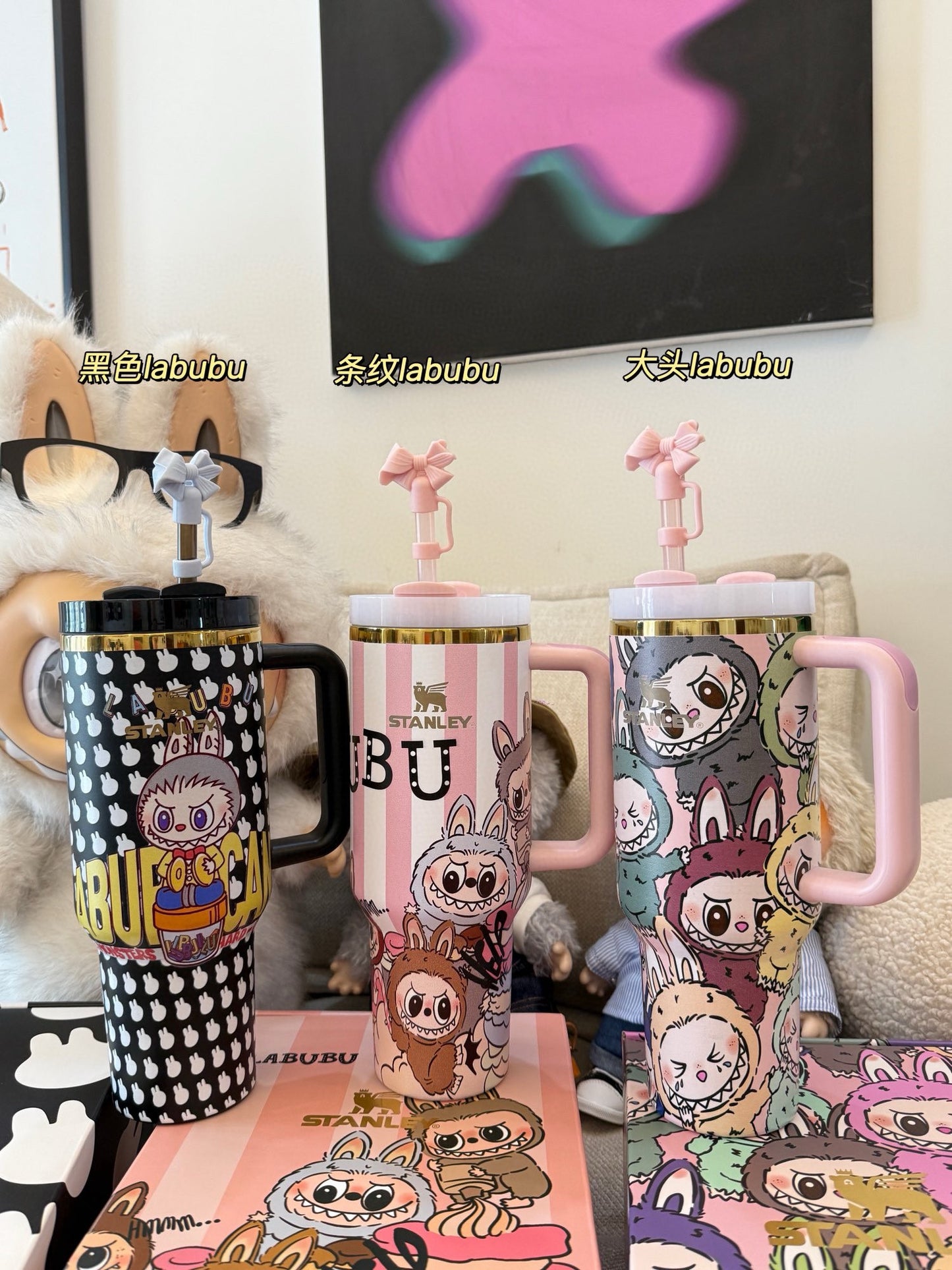 Three colors are available 𝐒𝐭a𝐧𝐥𝐞𝐲✖️ Labub co-branded straw cup 40oz Water Bottle Labubu Macaron Monsters Tumbler