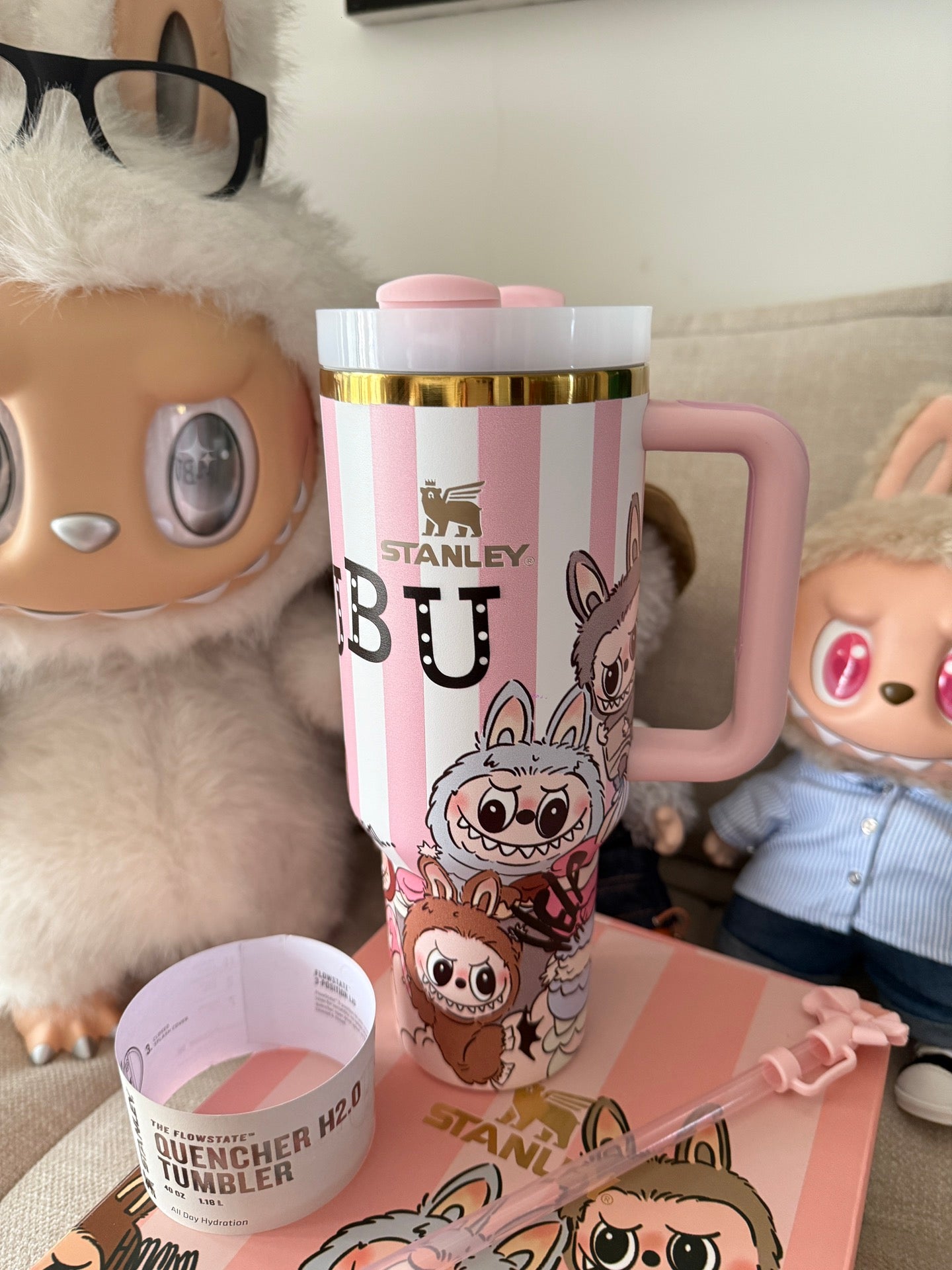 Pink Stripes 𝐒𝐭a𝐧𝐥𝐞𝐲✖ Labub co-branded straw cup 40oz Water Bottle Labubu Macaron Monsters Tumbler