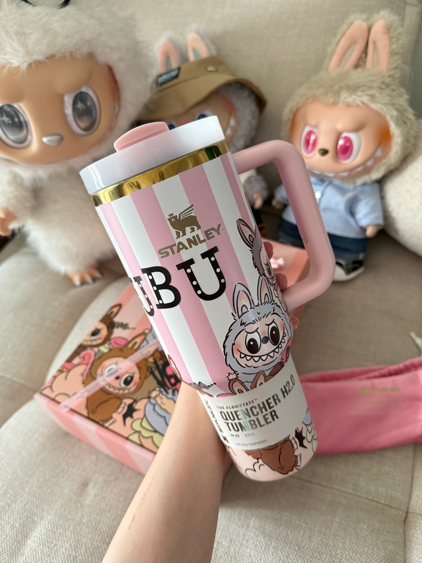 Pink Stripes 𝐒𝐭a𝐧𝐥𝐞𝐲✖ Labub co-branded straw cup 40oz Water Bottle Labubu Macaron Monsters Tumbler