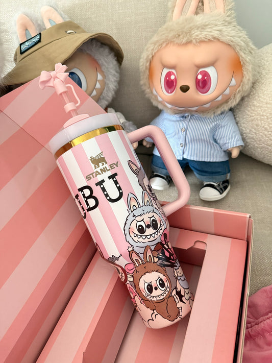 Pink Stripes 𝐒𝐭a𝐧𝐥𝐞𝐲✖ Labub co-branded straw cup 40oz Water Bottle Labubu Macaron Monsters Tumbler